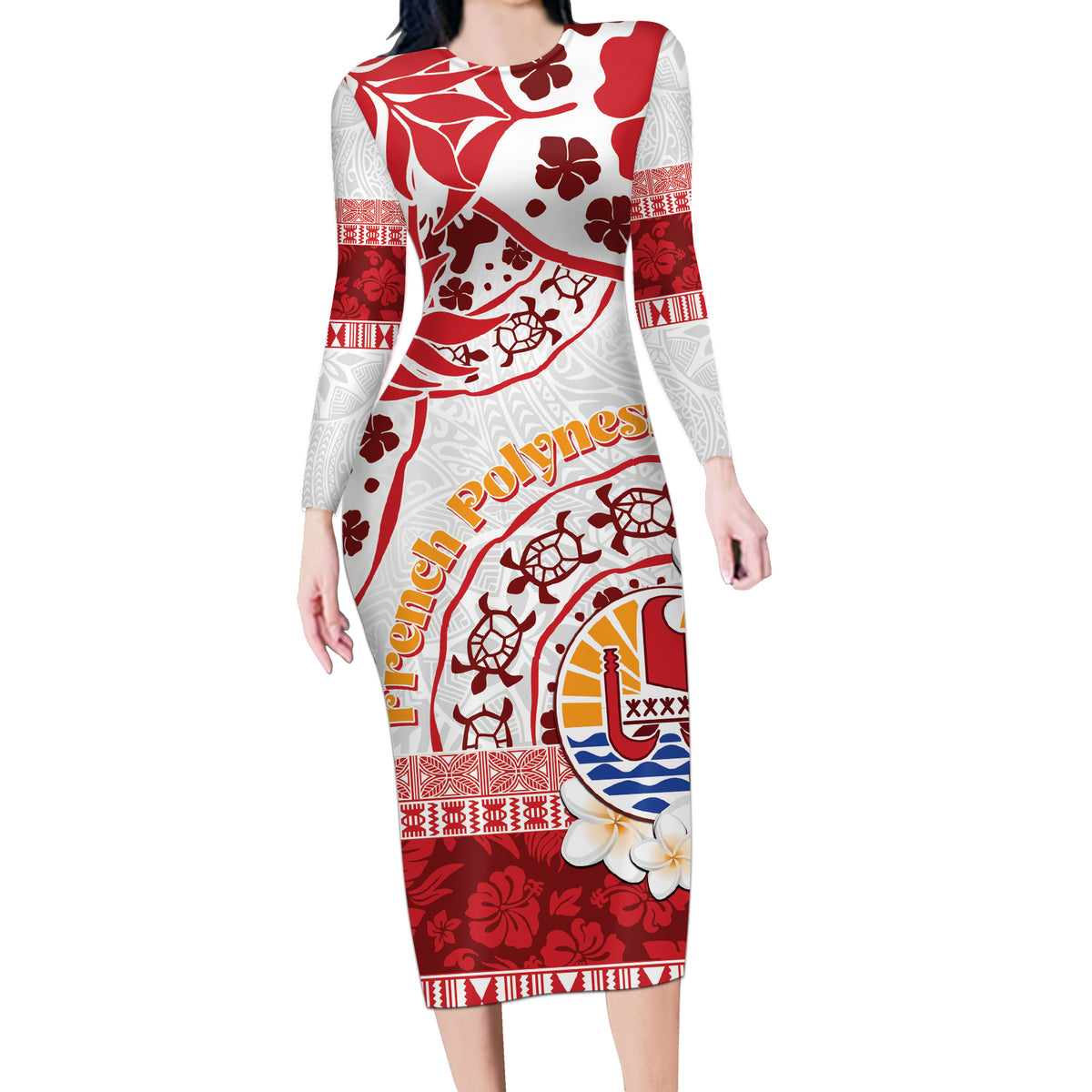 French Polynesia Internal Autonomy Day Long Sleeve Bodycon Dress Tropical Hibiscus And Turtle Pattern LT05 Long Dress Red - Polynesian Pride