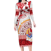 French Polynesia Internal Autonomy Day Long Sleeve Bodycon Dress Tropical Hibiscus And Turtle Pattern LT05 Long Dress Red - Polynesian Pride