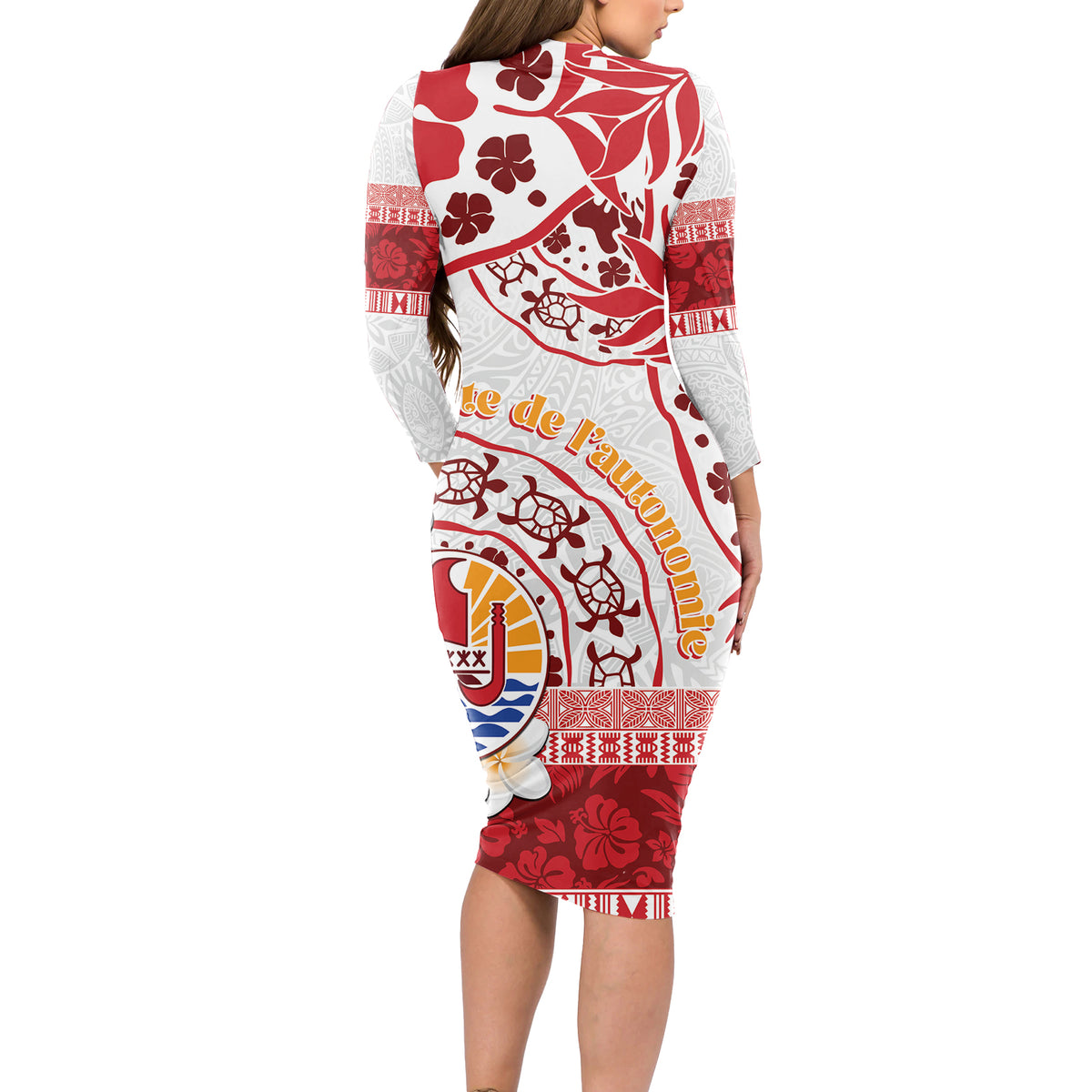 French Polynesia Internal Autonomy Day Long Sleeve Bodycon Dress Tropical Hibiscus And Turtle Pattern LT05 - Polynesian Pride