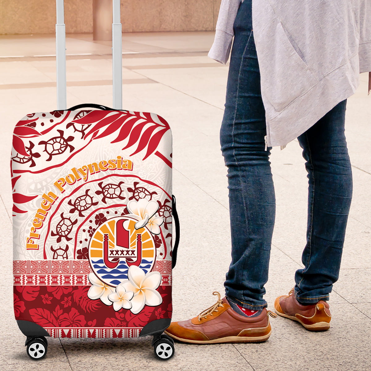 French Polynesia Internal Autonomy Day Luggage Cover Tropical Hibiscus And Turtle Pattern LT05 Red - Polynesian Pride