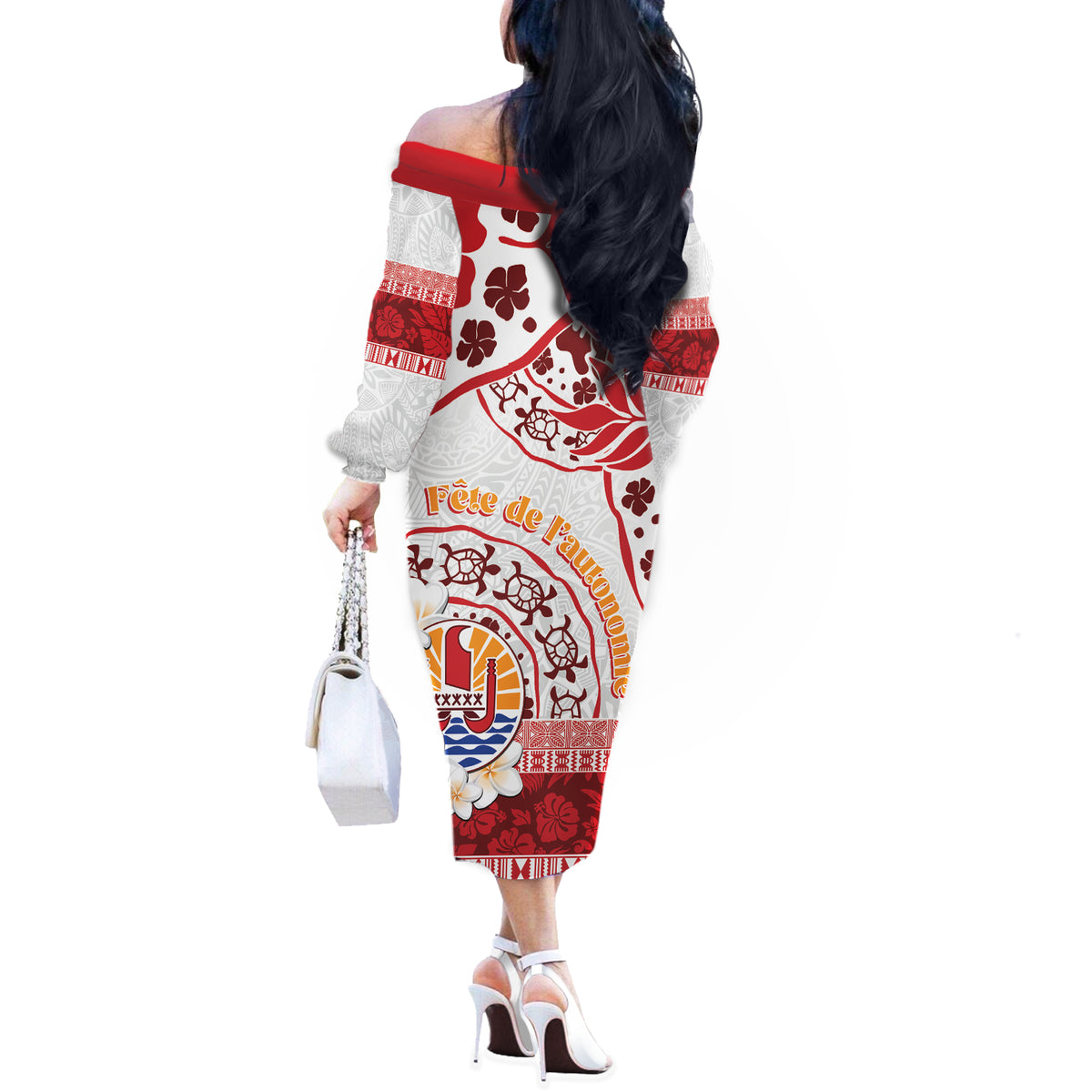 French Polynesia Internal Autonomy Day Off The Shoulder Long Sleeve Dress Tropical Hibiscus And Turtle Pattern LT05 - Polynesian Pride