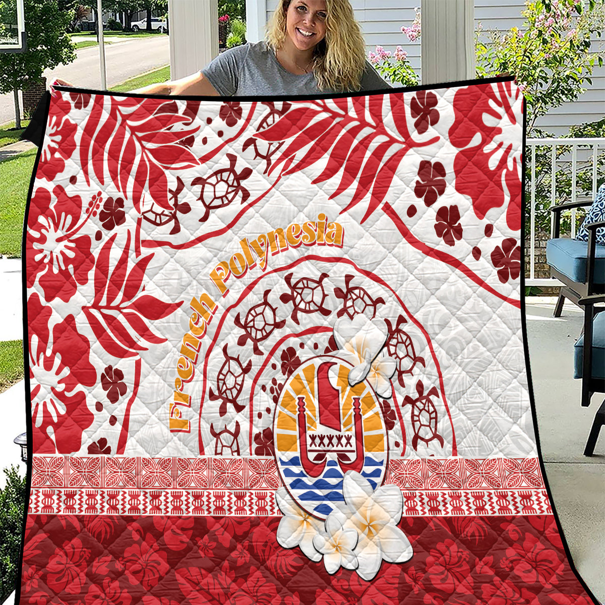 French Polynesia Internal Autonomy Day Quilt Tropical Hibiscus And Turtle Pattern LT05 Red - Polynesian Pride