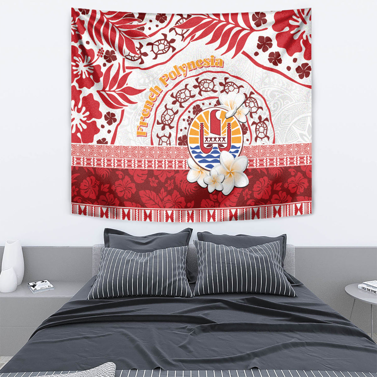 French Polynesia Internal Autonomy Day Tapestry Tropical Hibiscus And Turtle Pattern