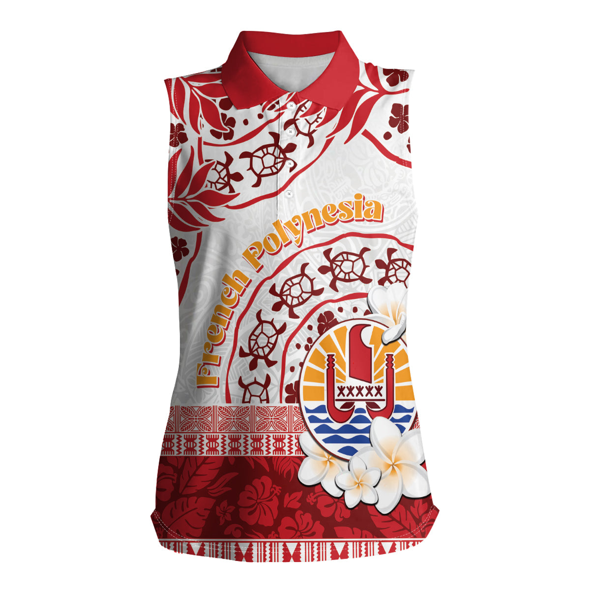 French Polynesia Internal Autonomy Day Women Sleeveless Polo Shirt Tropical Hibiscus And Turtle Pattern LT05 Female Red - Polynesian Pride