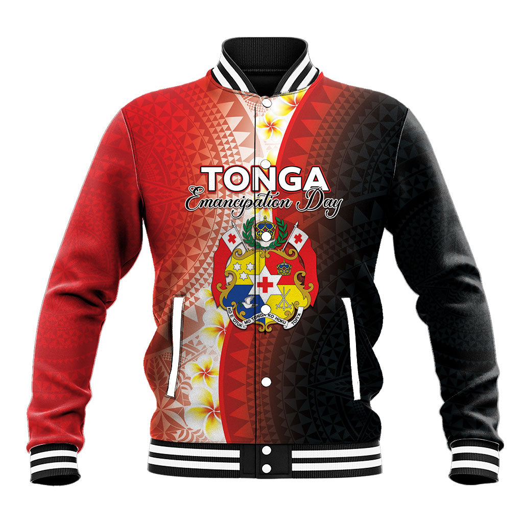 Personalised Tonga Emancipation Day Baseball Jacket Tongan Ngatu Pattern With Plumeria LT05 Unisex Red - Polynesian Pride