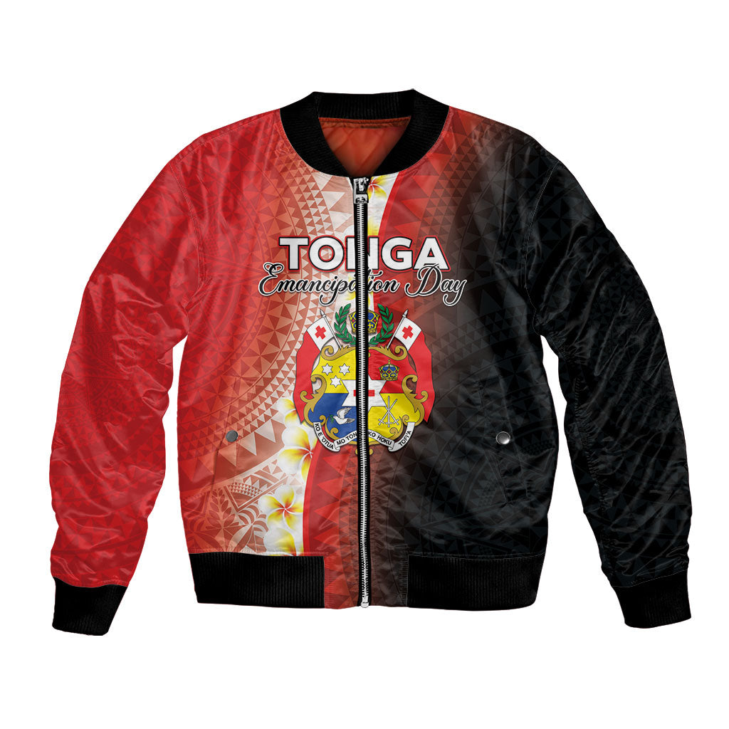 Personalised Tonga Emancipation Day Bomber Jacket Tongan Ngatu Pattern With Plumeria LT05 Unisex Red - Polynesian Pride