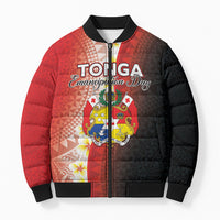 Personalised Tonga Emancipation Day Bomber Puffer Jacket Tongan Ngatu Pattern With Plumeria LT05 Unisex Red - Polynesian Pride