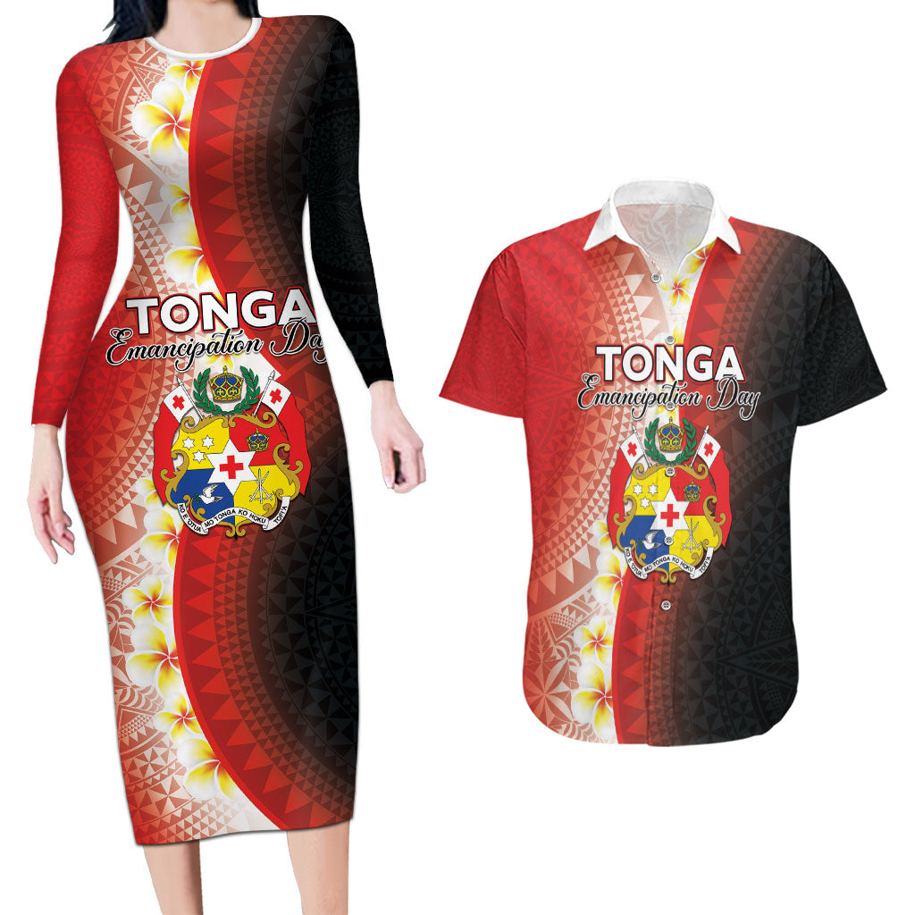 Personalised Tonga Emancipation Day Couples Matching Long Sleeve Bodycon Dress and Hawaiian Shirt Tongan Ngatu Pattern With Plumeria LT05 Red - Polynesian Pride
