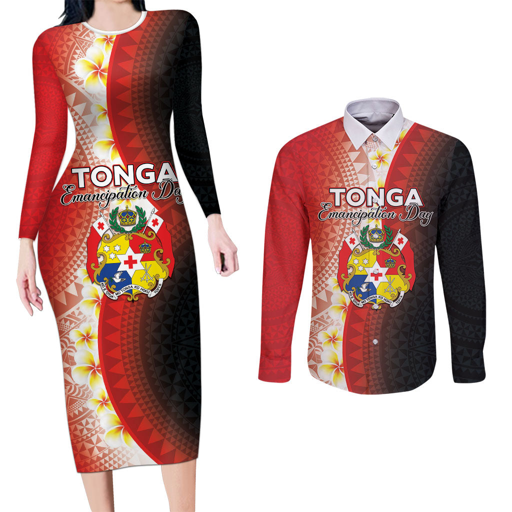 Personalised Tonga Emancipation Day Couples Matching Long Sleeve Bodycon Dress and Long Sleeve Button Shirt Tongan Ngatu Pattern With Plumeria LT05 Red - Polynesian Pride