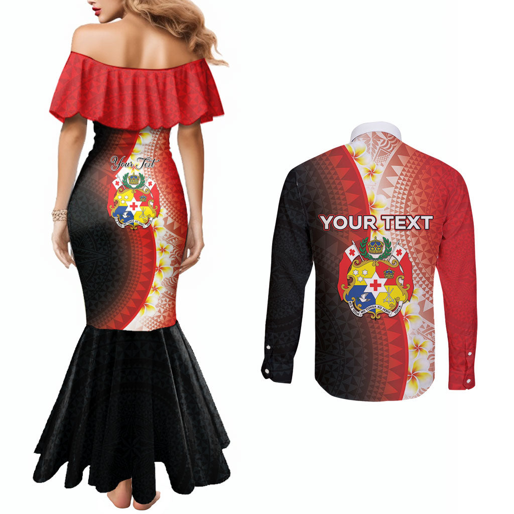 Personalised Tonga Emancipation Day Couples Matching Mermaid Dress and Long Sleeve Button Shirt Tongan Ngatu Pattern With Plumeria LT05 - Polynesian Pride