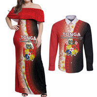 Personalised Tonga Emancipation Day Couples Matching Off Shoulder Maxi Dress and Long Sleeve Button Shirt Tongan Ngatu Pattern With Plumeria LT05 Red - Polynesian Pride