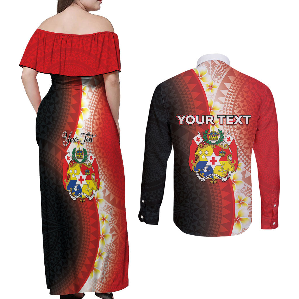 Personalised Tonga Emancipation Day Couples Matching Off Shoulder Maxi Dress and Long Sleeve Button Shirt Tongan Ngatu Pattern With Plumeria LT05 - Polynesian Pride