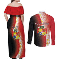 Personalised Tonga Emancipation Day Couples Matching Off Shoulder Maxi Dress and Long Sleeve Button Shirt Tongan Ngatu Pattern With Plumeria LT05 - Polynesian Pride