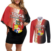 Personalised Tonga Emancipation Day Couples Matching Off Shoulder Short Dress and Long Sleeve Button Shirt Tongan Ngatu Pattern With Plumeria LT05 Red - Polynesian Pride