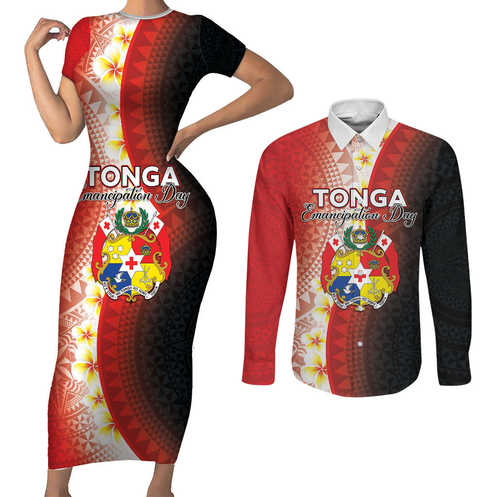 Personalised Tonga Emancipation Day Couples Matching Short Sleeve Bodycon Dress and Long Sleeve Button Shirt Tongan Ngatu Pattern With Plumeria LT05 Red - Polynesian Pride