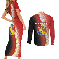 Personalised Tonga Emancipation Day Couples Matching Short Sleeve Bodycon Dress and Long Sleeve Button Shirt Tongan Ngatu Pattern With Plumeria LT05 - Polynesian Pride