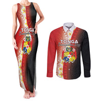 Personalised Tonga Emancipation Day Couples Matching Tank Maxi Dress and Long Sleeve Button Shirt Tongan Ngatu Pattern With Plumeria LT05 Red - Polynesian Pride