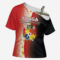 Personalised Tonga Emancipation Day Cross Shoulder Shirt Tongan Ngatu Pattern With Plumeria LT05 Female Red - Polynesian Pride
