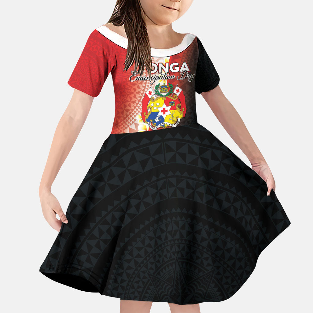 Personalised Tonga Emancipation Day Family Matching Off Shoulder Maxi Dress and Hawaiian Shirt Tongan Ngatu Pattern With Plumeria LT05 Daughter's Dress Red - Polynesian Pride
