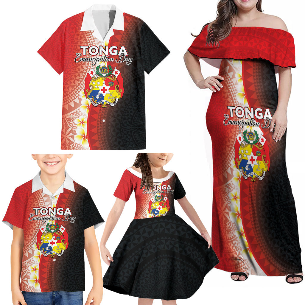 Personalised Tonga Emancipation Day Family Matching Off Shoulder Maxi Dress and Hawaiian Shirt Tongan Ngatu Pattern With Plumeria LT05 - Polynesian Pride