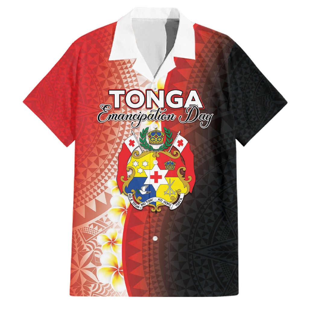 Personalised Tonga Emancipation Day Family Matching Off Shoulder Short Dress and Hawaiian Shirt Tongan Ngatu Pattern With Plumeria LT05 Dad's Shirt - Short Sleeve Red - Polynesian Pride