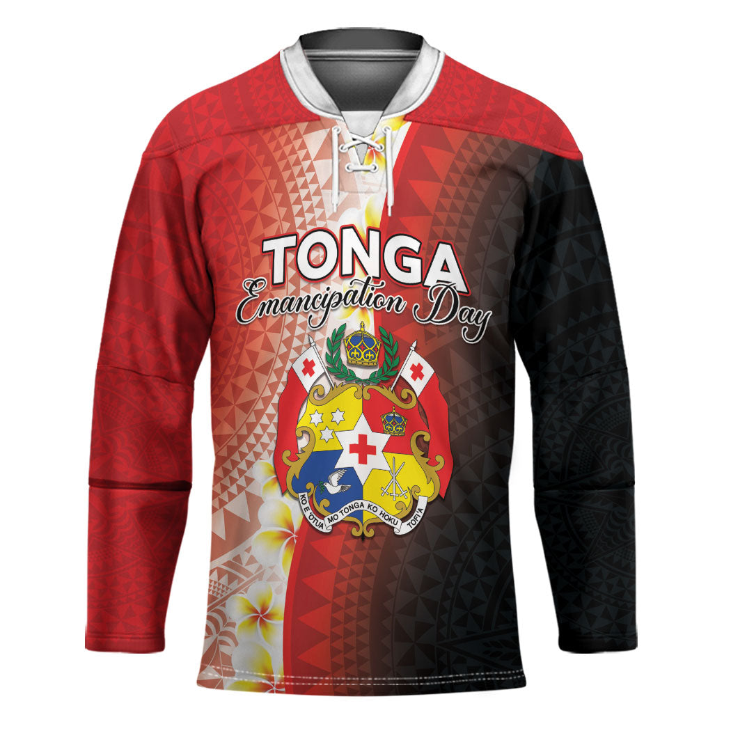 Personalised Tonga Emancipation Day Hockey Jersey Tongan Ngatu Pattern With Plumeria LT05 Unisex Red - Polynesian Pride