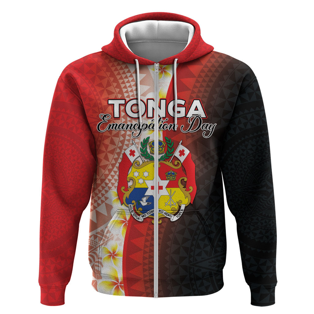 Personalised Tonga Emancipation Day Hoodie Tongan Ngatu Pattern With Plumeria LT05 Zip Hoodie Red - Polynesian Pride