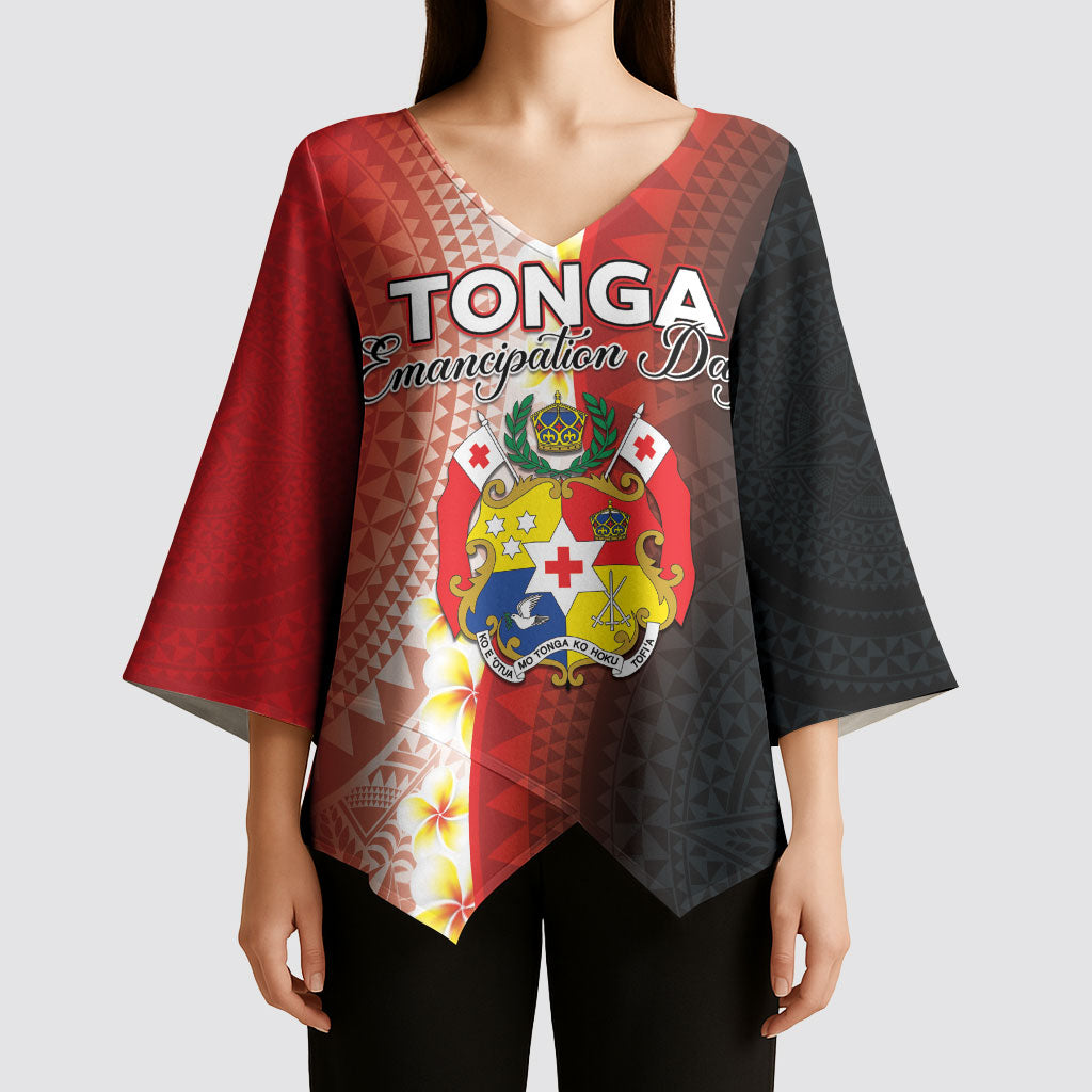 Personalised Tonga Emancipation Day Kimono Sleeve Blouse Tongan Ngatu Pattern With Plumeria LT05 - Polynesian Pride