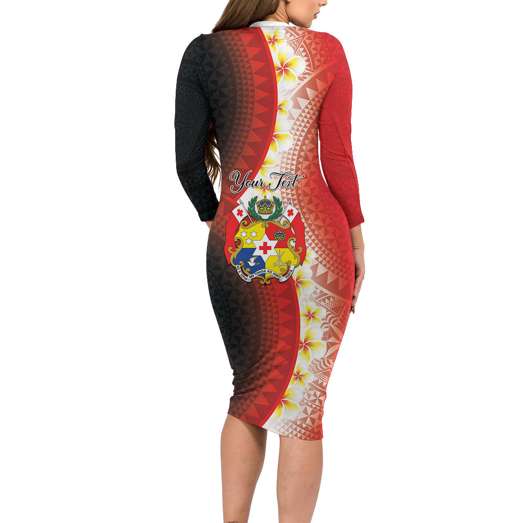 Personalised Tonga Emancipation Day Long Sleeve Bodycon Dress Tongan Ngatu Pattern With Plumeria LT05 - Polynesian Pride