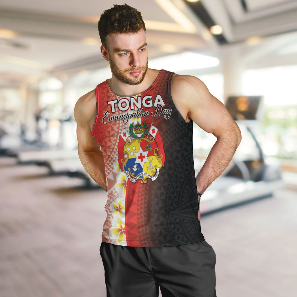 Personalised Tonga Emancipation Day Men Tank Top Tongan Ngatu Pattern With Plumeria LT05 Red - Polynesian Pride