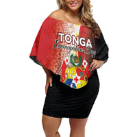 Personalised Tonga Emancipation Day Off Shoulder Short Dress Tongan Ngatu Pattern With Plumeria LT05 Women Red - Polynesian Pride