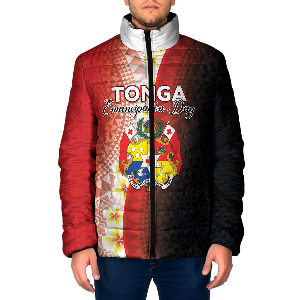 Personalised Tonga Emancipation Day Padded Jacket Tongan Ngatu Pattern With Plumeria LT05 Men Red - Polynesian Pride