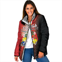 Personalised Tonga Emancipation Day Padded Jacket Tongan Ngatu Pattern With Plumeria LT05 Women Red - Polynesian Pride