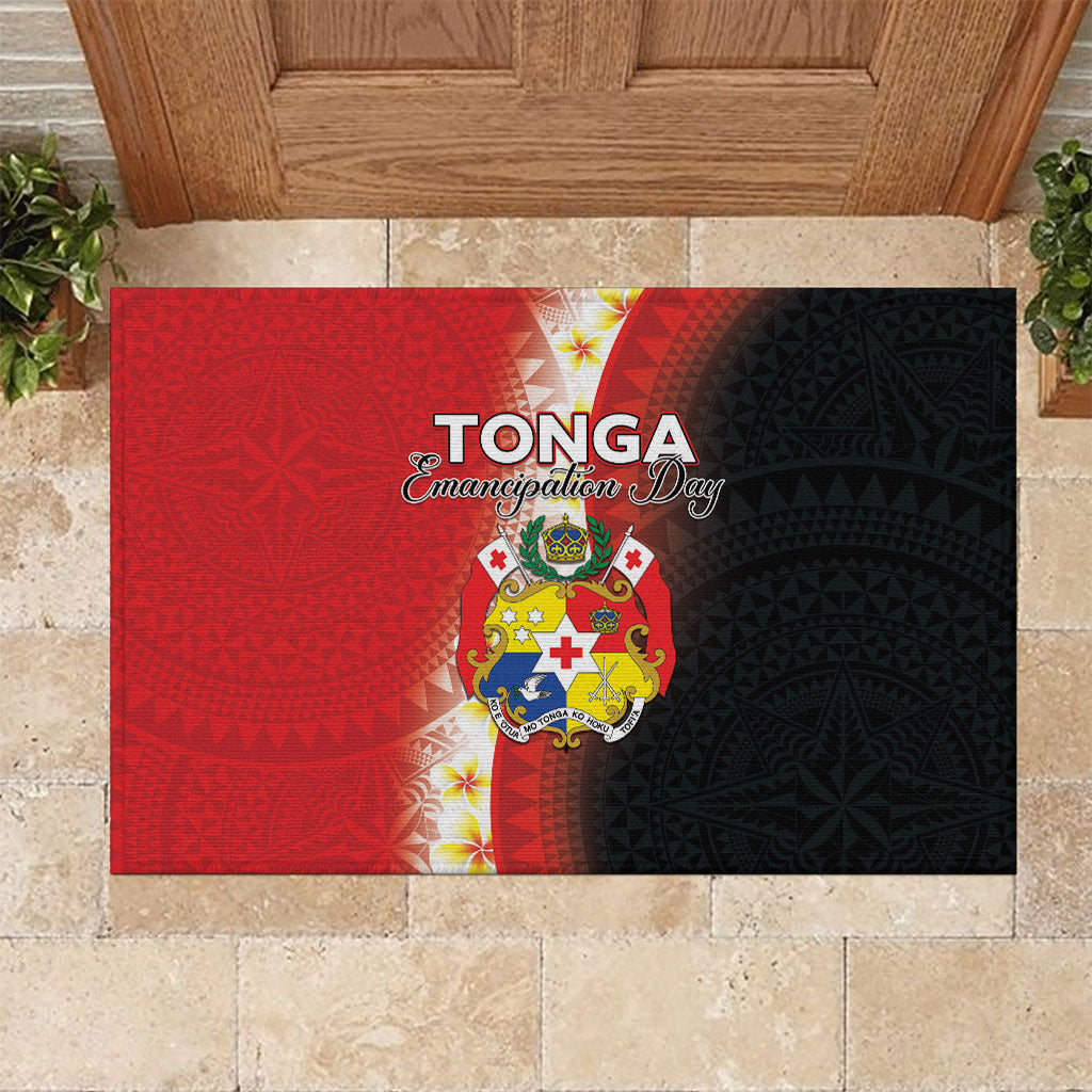 Tonga Emancipation Day Rubber Doormat Tongan Ngatu Pattern With Plumeria LT05 Red - Polynesian Pride