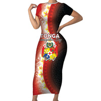 Personalised Tonga Emancipation Day Short Sleeve Bodycon Dress Tongan Ngatu Pattern With Plumeria LT05 Long Dress Red - Polynesian Pride