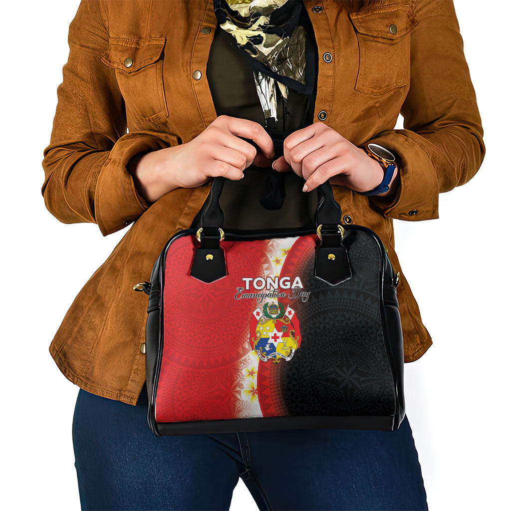 Tonga Emancipation Day Shoulder Handbag Tongan Ngatu Pattern With Plumeria LT05 - Polynesian Pride