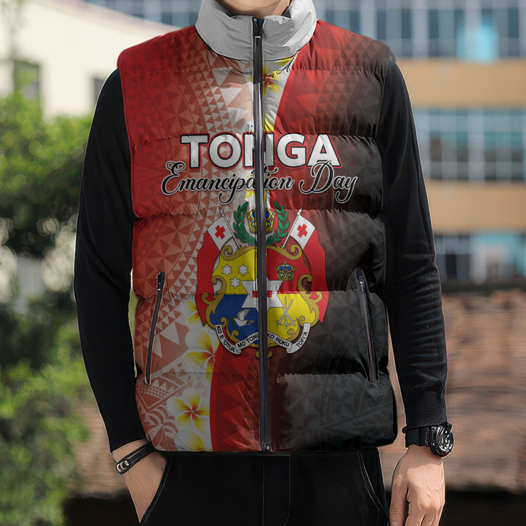 Personalised Tonga Emancipation Day Sleeveless Puffer Jacket Tongan Ngatu Pattern With Plumeria LT05 - Polynesian Pride