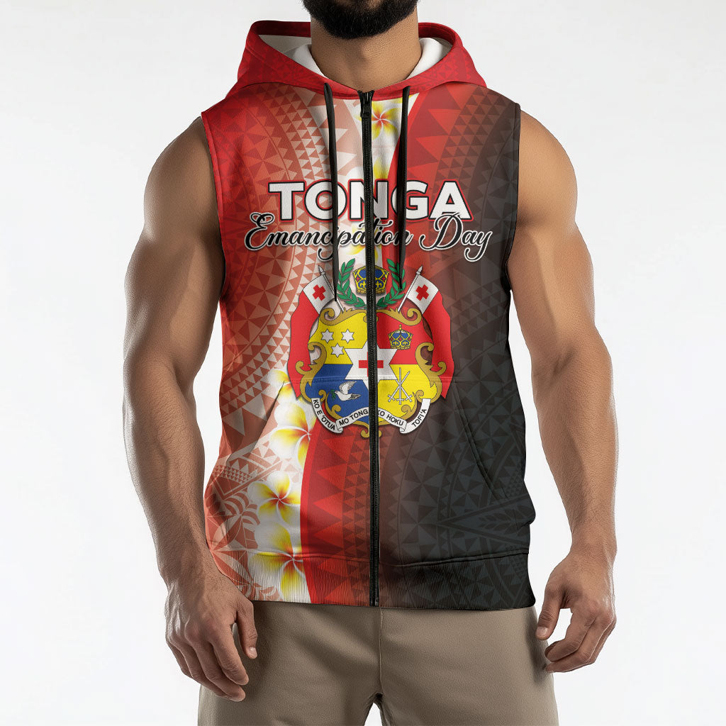 Personalised Tonga Emancipation Day Sleeveless Zip Hoodie Tongan Ngatu Pattern With Plumeria LT05 - Polynesian Pride