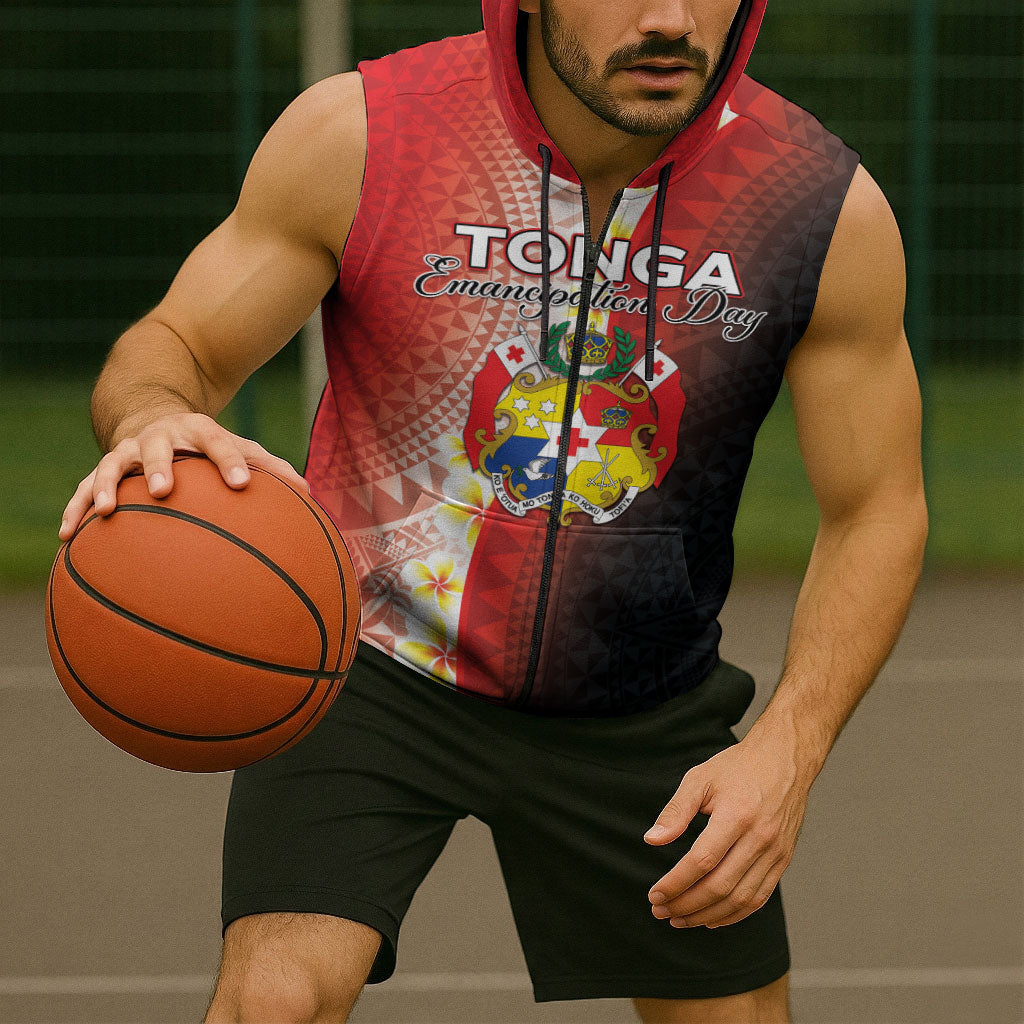 Personalised Tonga Emancipation Day Sleeveless Zip Hoodie Tongan Ngatu Pattern With Plumeria LT05 - Polynesian Pride