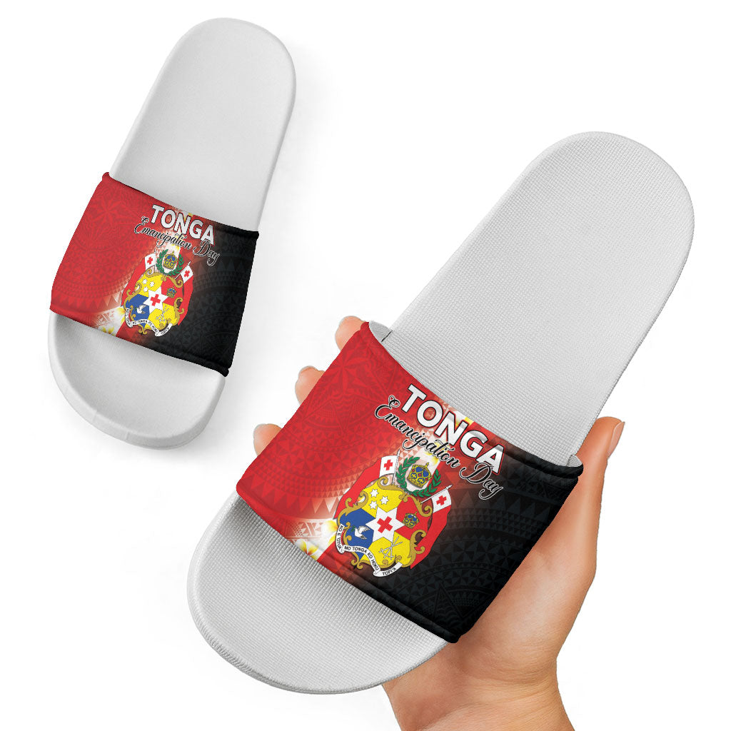 Tonga Emancipation Day Slide Sandals Tongan Ngatu Pattern With Plumeria LT05 - Polynesian Pride