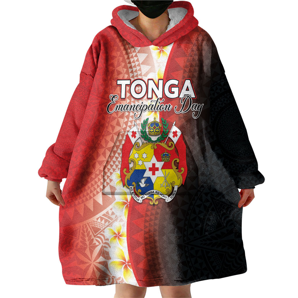 Personalised Tonga Emancipation Day Wearable Blanket Hoodie Tongan Ngatu Pattern With Plumeria LT05 - Polynesian Pride