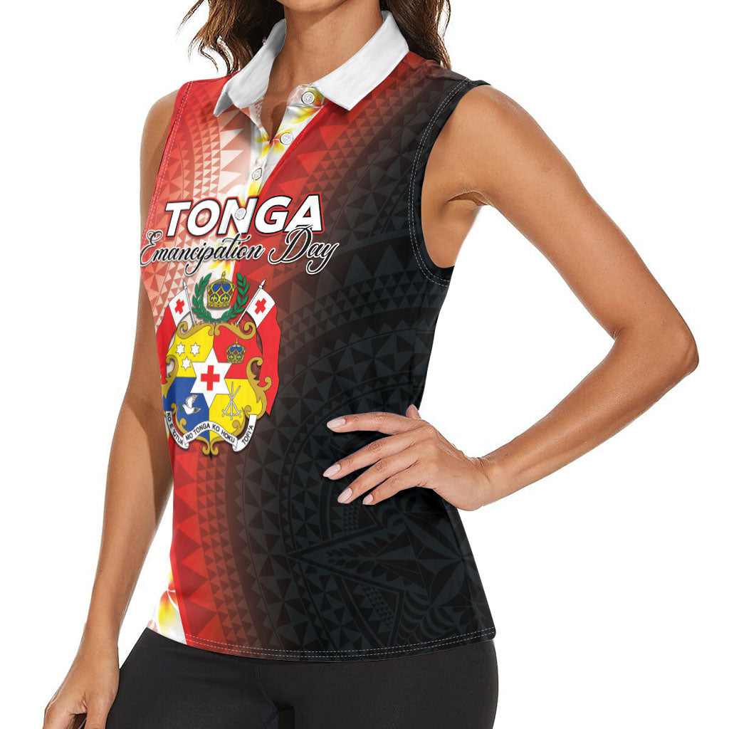 Personalised Tonga Emancipation Day Women Sleeveless Polo Shirt Tongan Ngatu Pattern With Plumeria LT05 - Polynesian Pride