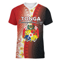Personalised Tonga Emancipation Day Women V-Neck T-Shirt Tongan Ngatu Pattern With Plumeria LT05 Female Red - Polynesian Pride