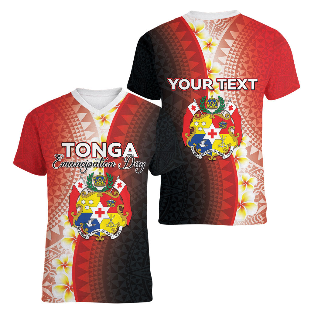 Personalised Tonga Emancipation Day Women V-Neck T-Shirt Tongan Ngatu Pattern With Plumeria LT05 - Polynesian Pride
