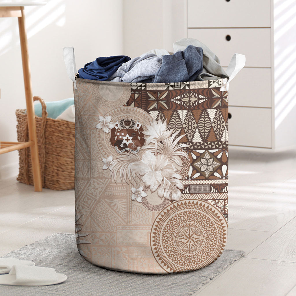 Tonga Ngatu Motifs Laundry Basket With Coat Of Arms Beige
