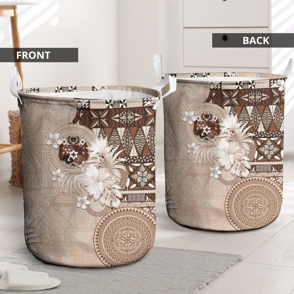 Tonga Ngatu Motifs Laundry Basket With Coat Of Arms Beige