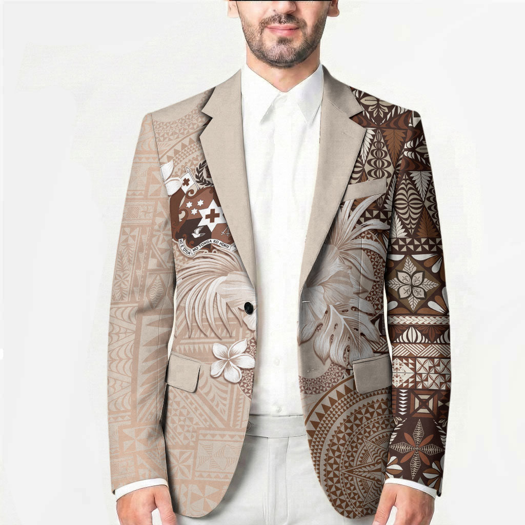 Tonga Ngatu Motifs Blazer With Coat Of Arms Beige