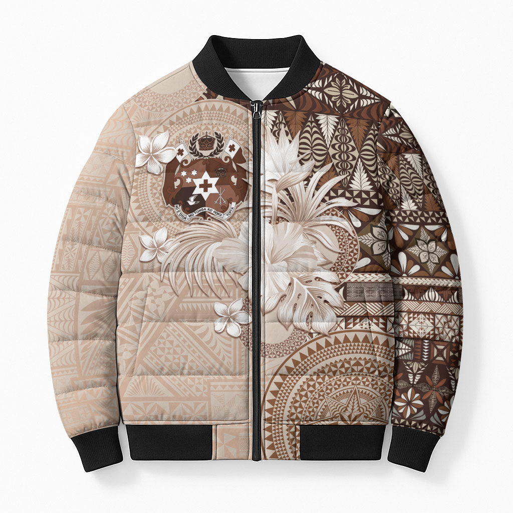 Tonga Ngatu Motifs Bomber Puffer Jacket With Coat Of Arms Beige