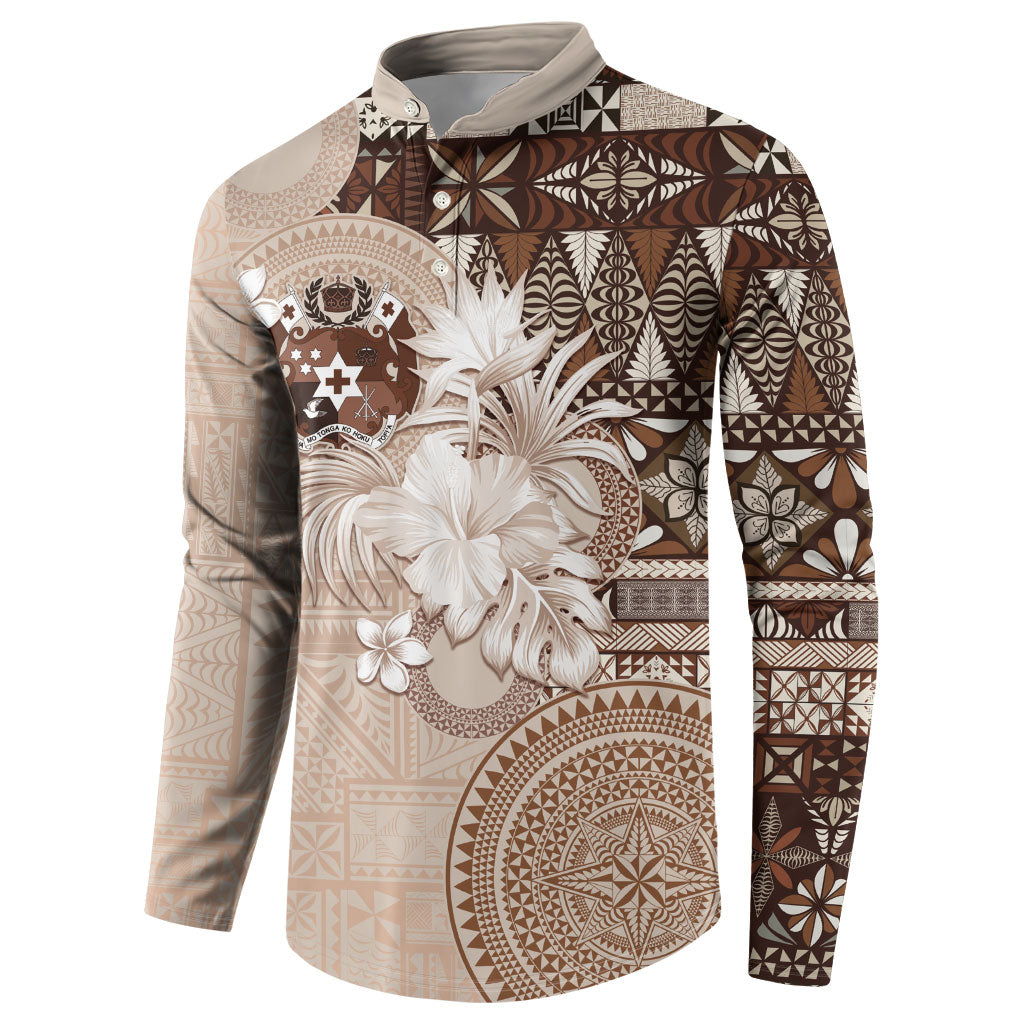 Tonga Ngatu Motifs Button Sweatshirt With Coat Of Arms Beige
