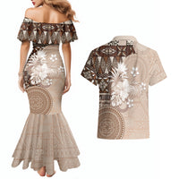 Tonga Ngatu Motifs Couples Matching Mermaid Dress and Hawaiian Shirt With Coat Of Arms Beige LT05 - Polynesian Pride